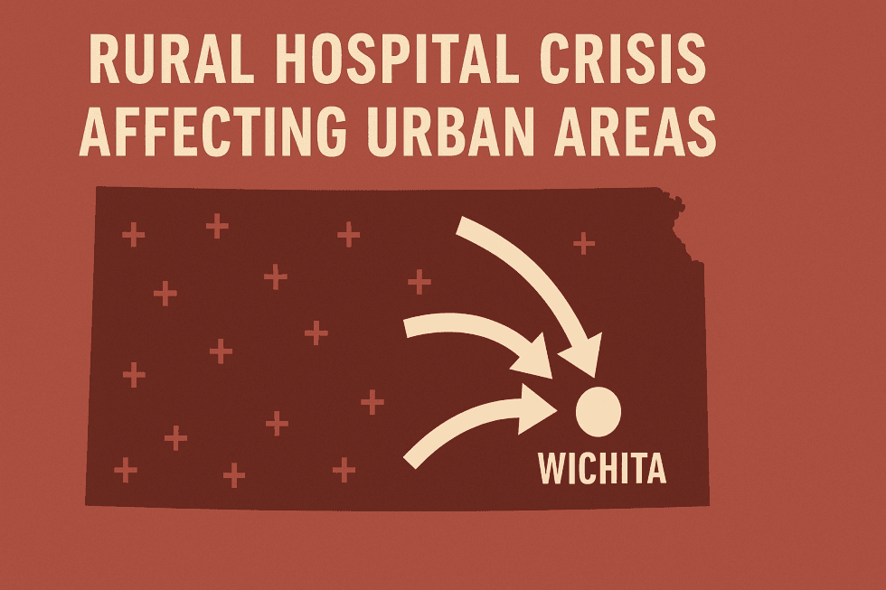 arrows pointing to wichita, writing says rural hospital crisis affecting urban areas